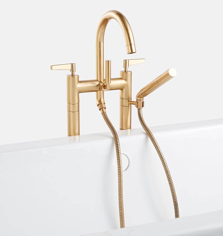Blair Lever Handle Floor Mount Tub Filler With Handshower, Aged Brass