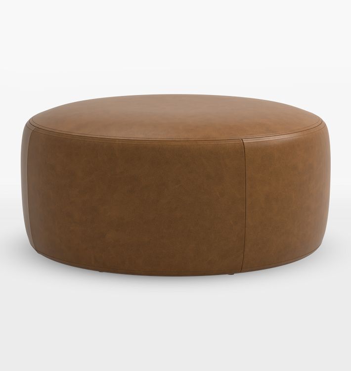 OPEN BOX: Britton Leather 36" Round Ottoman, Vintage Leather Tawny