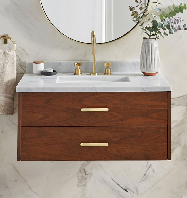 Geneva Wall Mount Walnut Single Vanity Carrara Marble 8 Spread Sink with Polished Nickel Rigdon Pulls