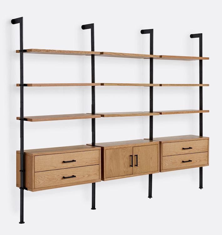 Holgate White Oak Triple Modular 9-Shelf w Drawers and Cabinet and OB Hardware w 72" Rails