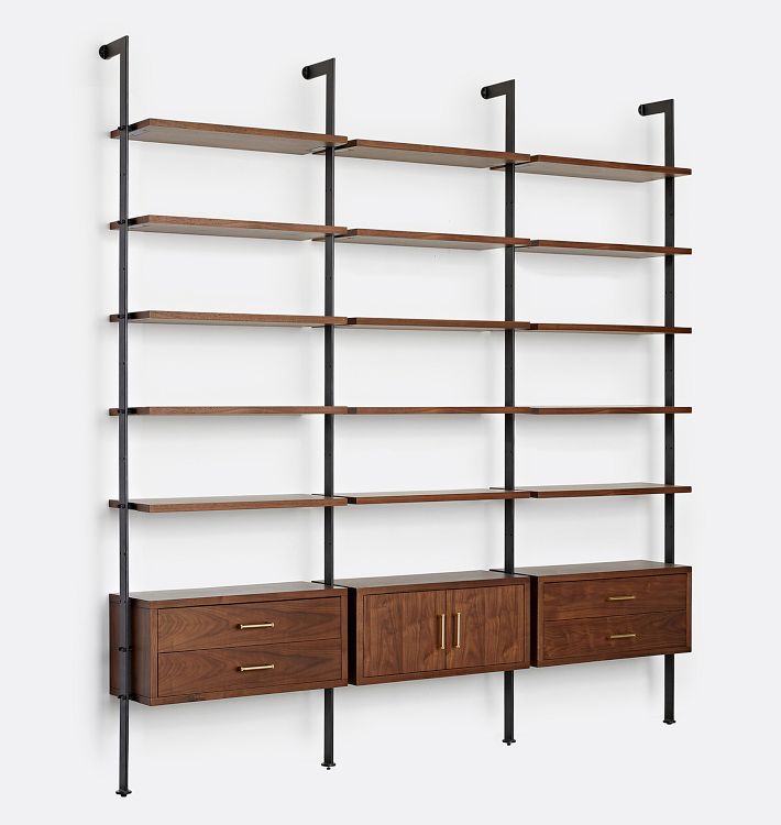 Holgate Walnut Triple Modular 15-Shelf w Cabinet & 2 Drawers and CP Hardware w 96" Rails