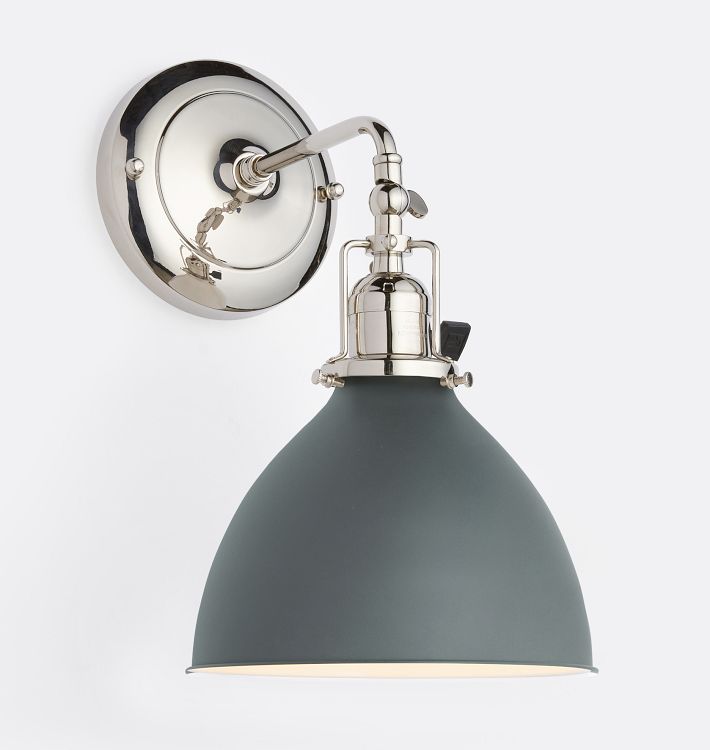 Fairview Traditional Sconce, Polished Nickel - Matte Dark Slate Industrial Steel Dome Shade