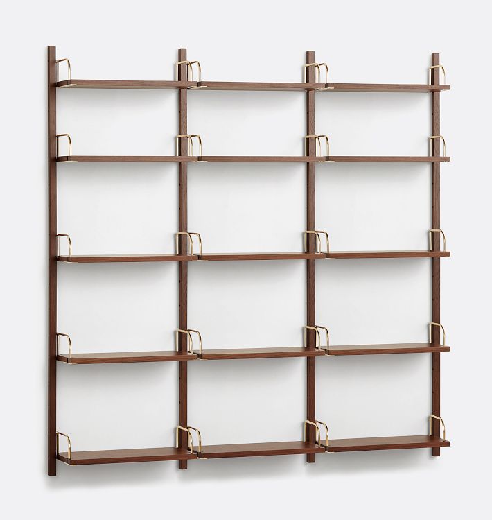 Hart Modular Walnut 5-Shelf Triple Shelving Unit, 24 inch - Aged Brass