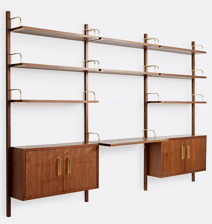 Hart Modular Walnut Triple 8-Shelf with 36" Desk with Cabinets, Aged Brass Hardware