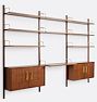 Hart Modular Walnut Triple 8-Shelf with 36" Desk with Cabinets, Aged Brass Hardware