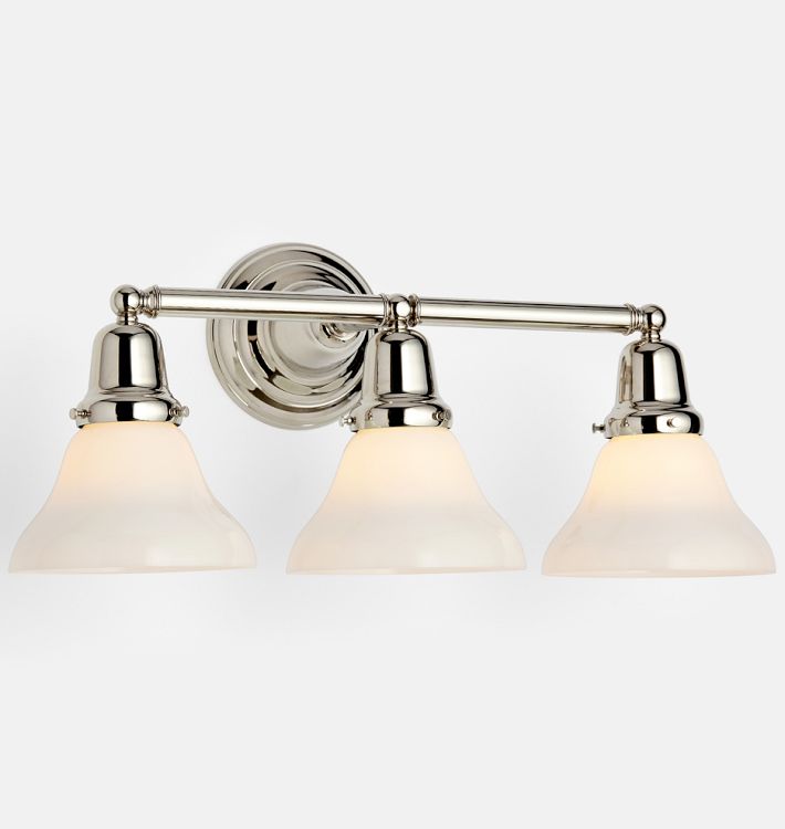 Rose City 2-1/4" Fitter Triple Sconce, Polished Nickel - Opal Classic Bell Shade