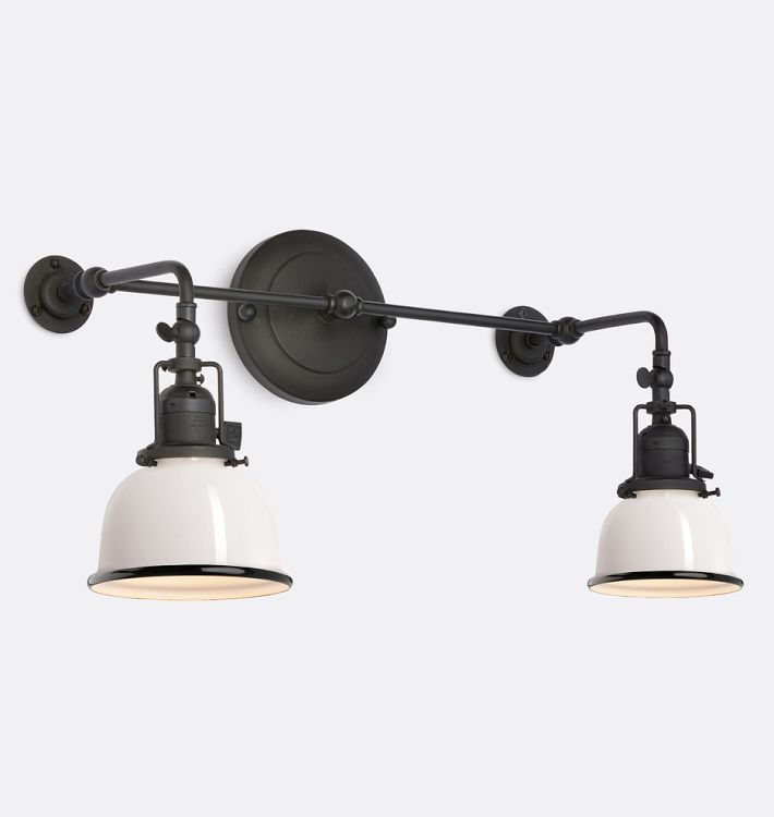 Fairview Traditional Double Sconce, Oil-Rubbed Bronze - Gloss White Pointed Metal Dome Shade