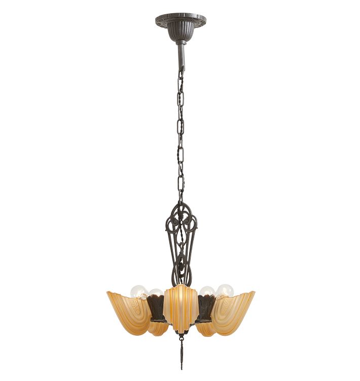 Vintage Art Deco 5-Light Chandelier with Slipper Shade