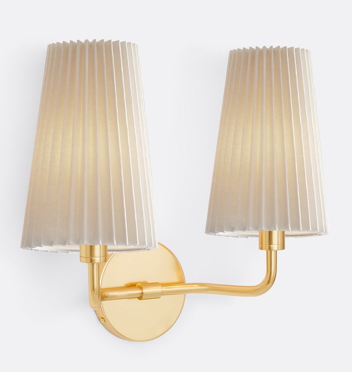 Ansel Double Sconce, Aged Brass - Pleated White Fabric Shade