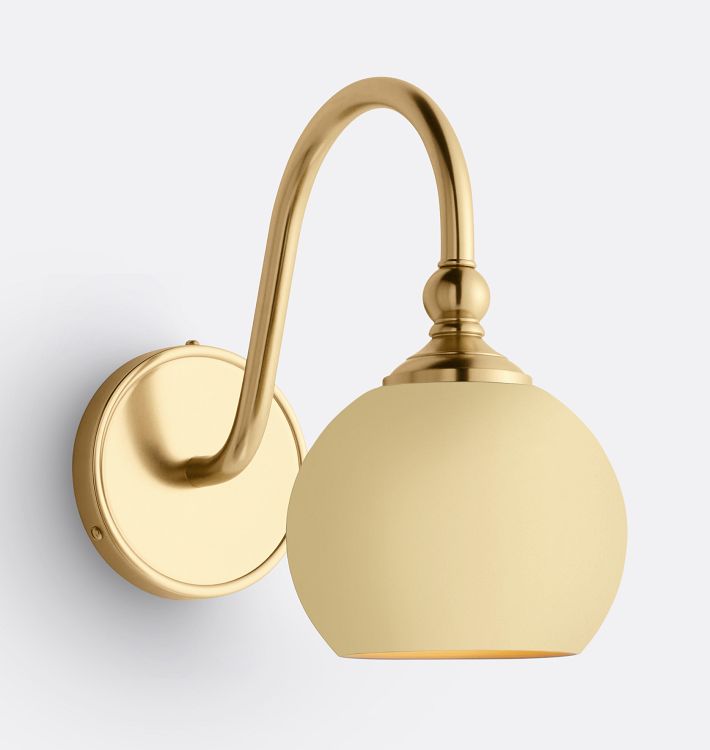 Theo Sconce, Painted Metal Shades, Aged Brass - 6" Matte Buttercup Painted Metal Ball Shade