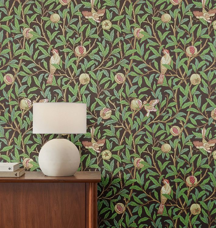 Bird and Pomegranate Morris & Co. Wallpaper, Swatch - Charcoal & Sage