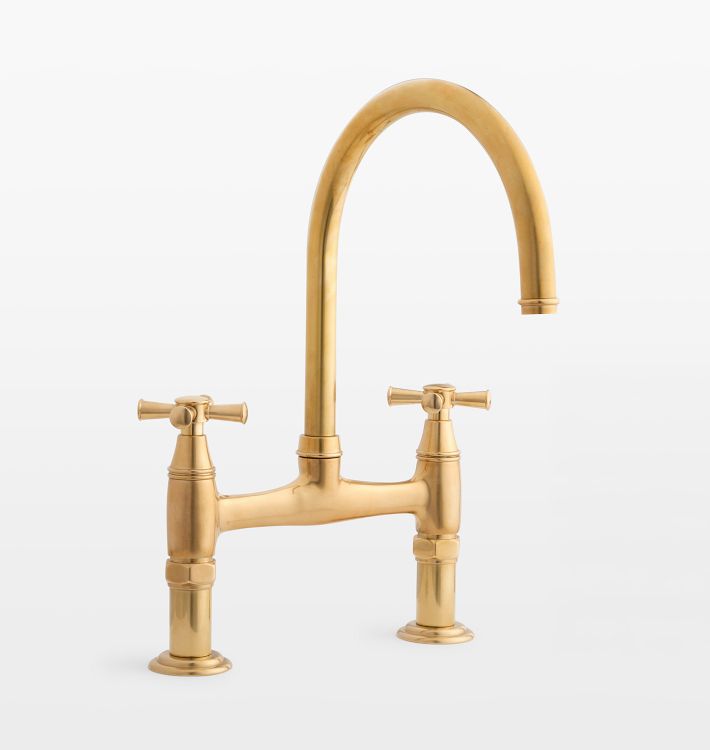 Miramar Cross Handle Bridge Kitchen Faucet, No Sprayer - Burnished Brass Uncoated