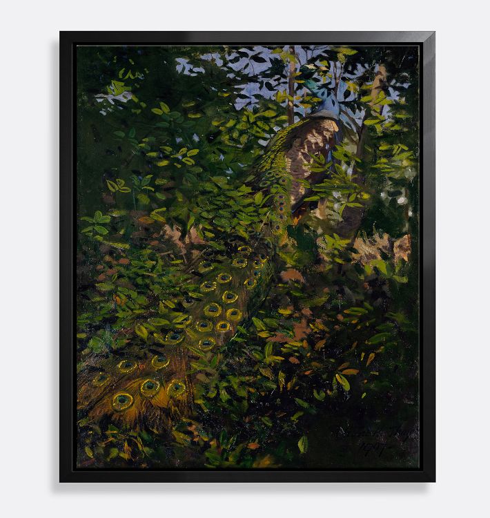 Peacock In The Woods Framed Reproduction Wall Art Print, 21" x 25" - Black Finished Wood Float Frame