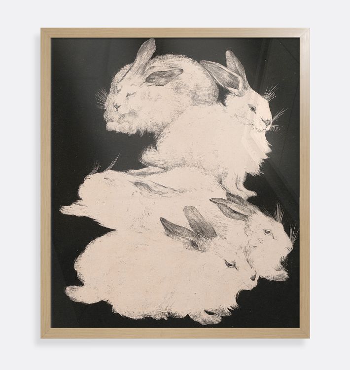 Two Angora Rabbits Framed Reproduction Wall Art Print, 14" x 16" - Natural Wood Frame with Acrylic Glaze