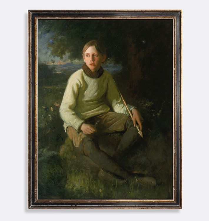 The Boy With The Arrow Framed Reproduction Wall Art Print, 23" x 29" - Antique Wood Cap Frame