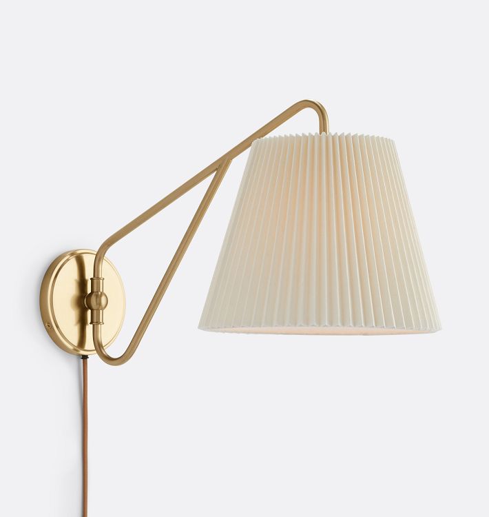 Eden Swing-Arm Sconce, Antique Brass - Pleated White Fabric Shade