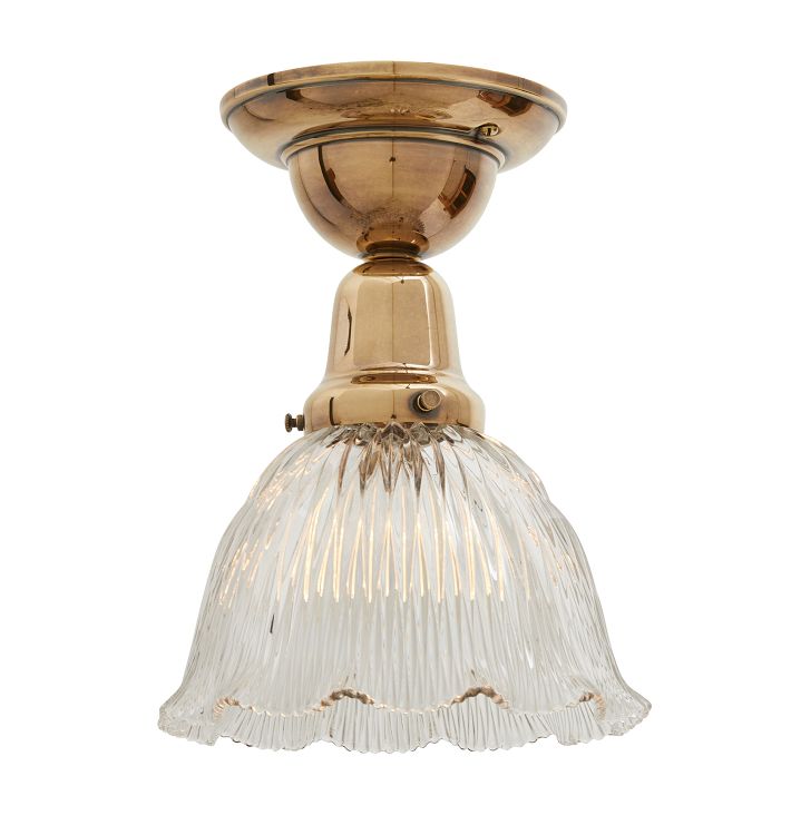 Semi Flush Mount with Vintage Scalloped Fluted Glass Holophane Shade Clear