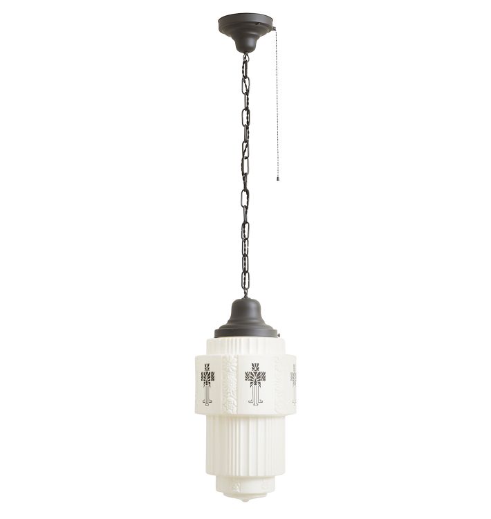 Vintage Art Deco Chain Pendant with Stenciled Cake Shade and Pull Chain