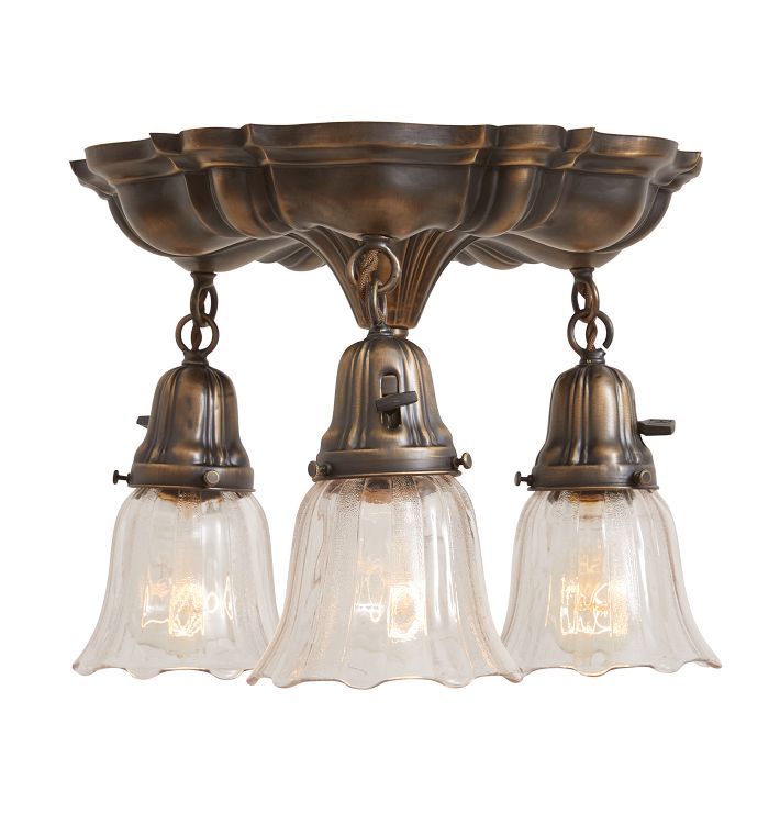 Vintage Sheffield Flush Mount Pan Fixture with 3 Lights and Clear Striped Shades