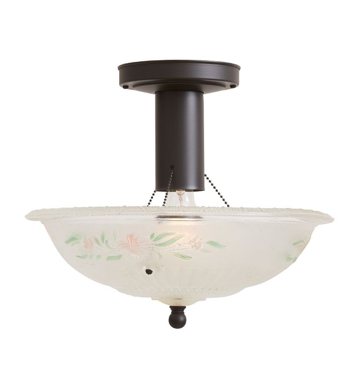 Vintage Semi Flush Mount Sweet Floral Motif within Embossed Prismatic Shade Bead Chain Fixture