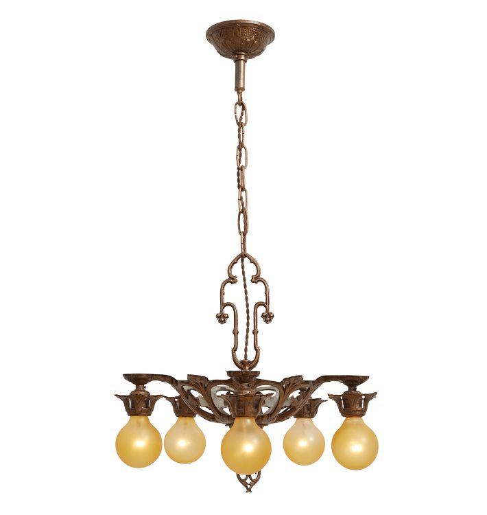 Vintage Classical Revival Cast 5 Light Bare Bulb Chandelier