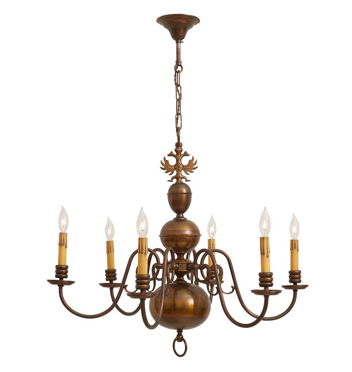 Vintage Flemish Style  6 Arm Candle Chandelier with Bird Motifs Dutch