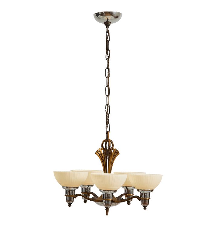 Vintage Chandelier Art Deco 5 Arm Cup Shade Chrome / Brass