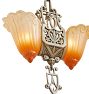 Incredible Vintage Art Deco 2 Light Pendant w Decorative Cast Body and Graditated Orange Etched Glass Slipper Shades