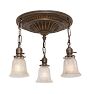 Vintage Classical Revival Pan Flush Mount 3 Drop Lights with Holophane Glass Shades