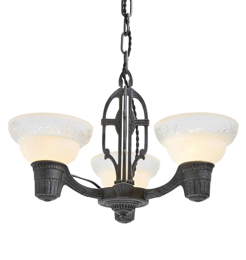 Vintage Art Deco 3-Light Chandelier with etched Cup Shades by Rejuvenation