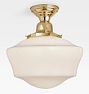 Rose City 6" Fitter Semi-Flush Mount, Unlacquered Brass - Opal Ogee Schoolhouse Shade