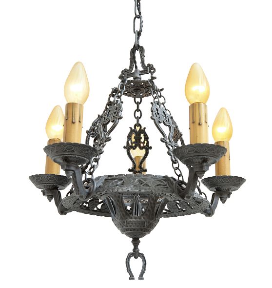 Vintage Romance Revival Hammered Cast Iron 5 Light Chandelier by Rejuvenation