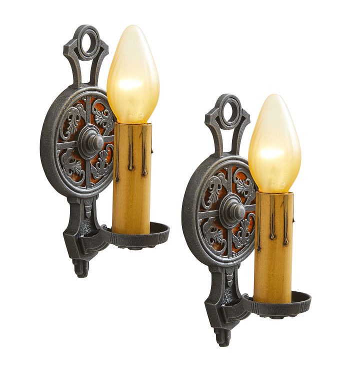 Pair of Vintage Gothic Revival Bronze Double Candle Sconces
