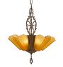 Vintage 5 Light Art Deco Chandelier with Cast Body and Amber Etched Glass Slipper Shades