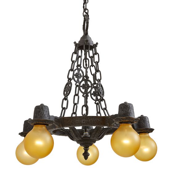 Vintage Gothic Romance Revival 5 Light Barebulb Chandelier with Dark Hammered Finish by Rejuvenation