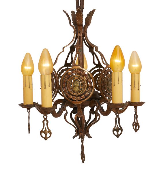 Vintage Romance Revival 5 Light Candle Chandelier with Figural Motifs and Faux Copper Finish by Rejuvenation