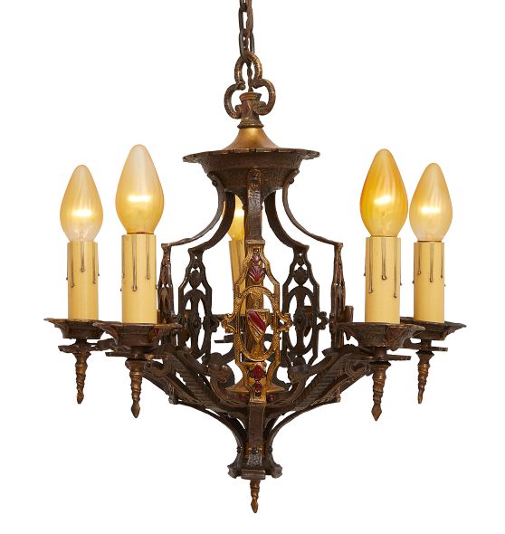 Vintage Spanish Revival 5 Light Chandelier with Original Handpainted Shields by Rejuvenation