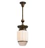 Vintage Art Deco Ornate Detailed Brass  Pendant with Milk Glass and Faceted Panel Shade