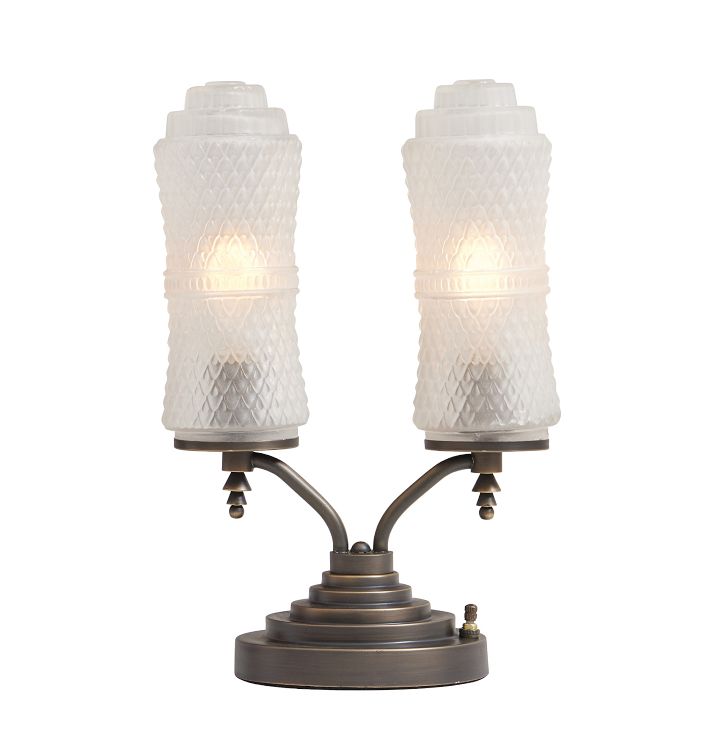 Vintage Art Deco Double Skyscraper Lamp with Faceted Glass Shades