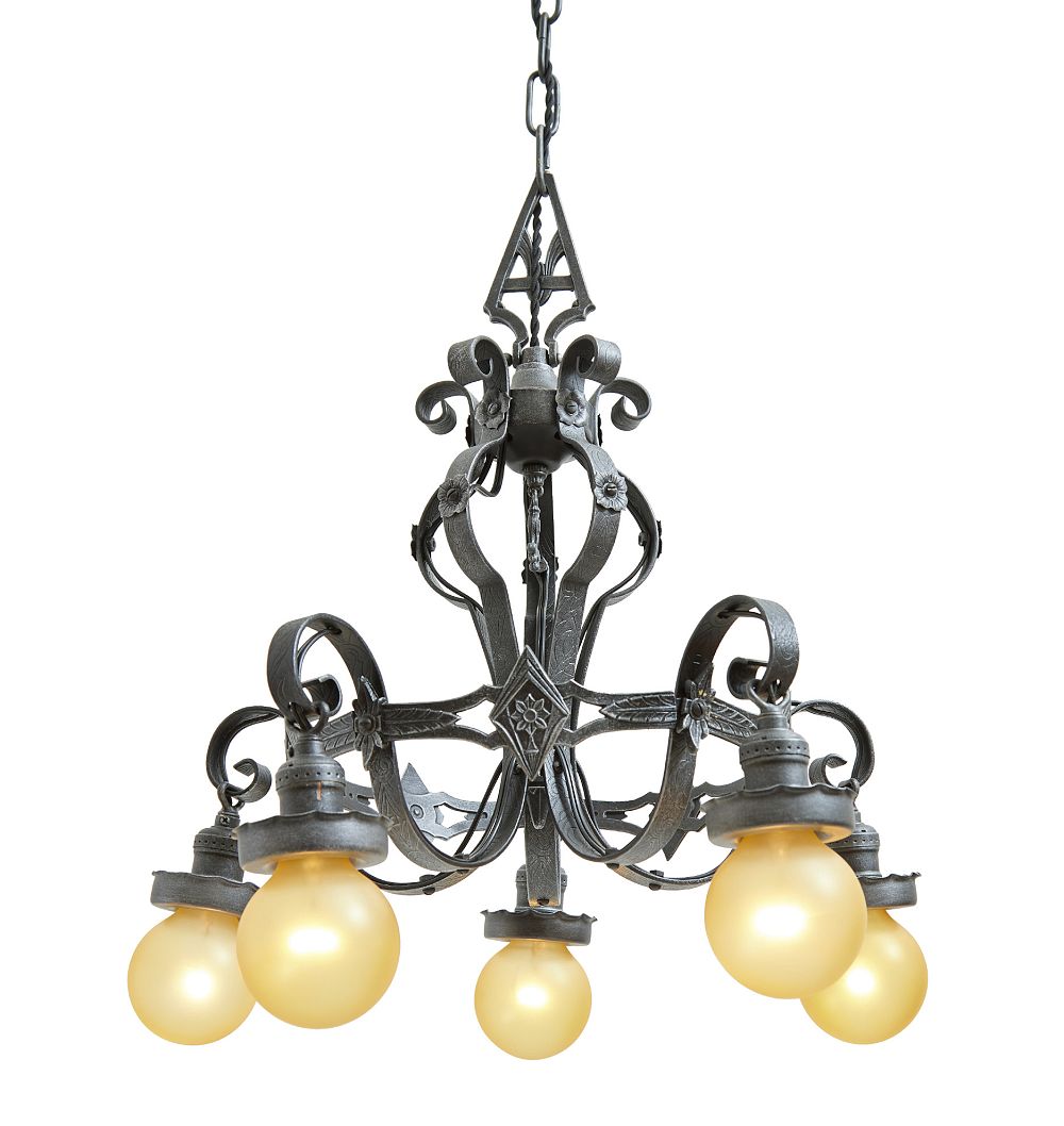 Vintage Classical Revival Steel and Brass Chandelier with Floral Motifs by Rejuvenation