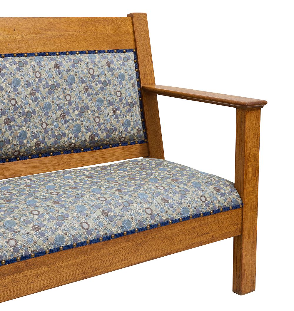 Vintage Arts and Crafts Upholstered Oak Bench by Rejuvenation
