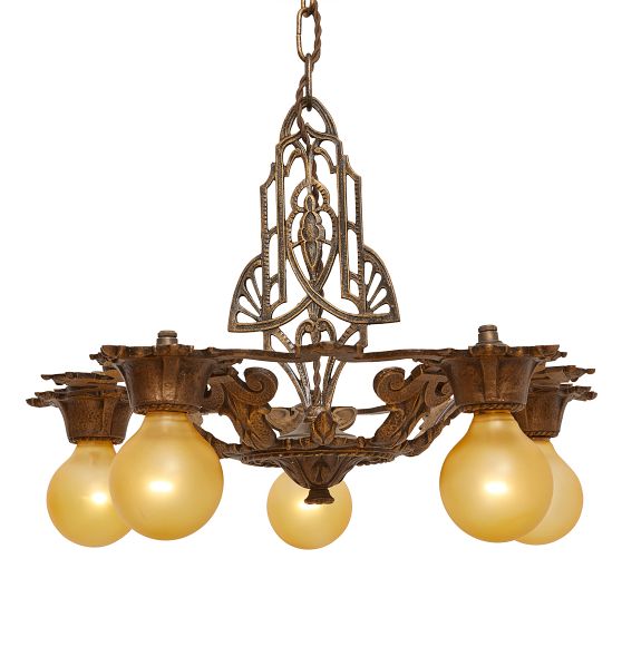Vintage Art Deco Chandelier Brass Five Light Globe Shades by Rejuvenation