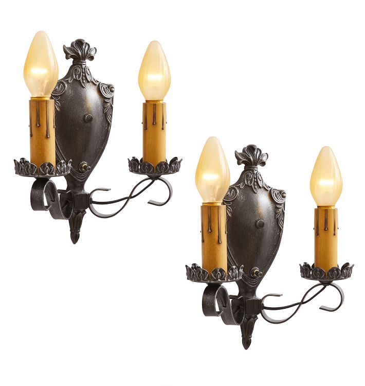Pair of Vintage Gothic Revival Bronze Double Candle Sconces