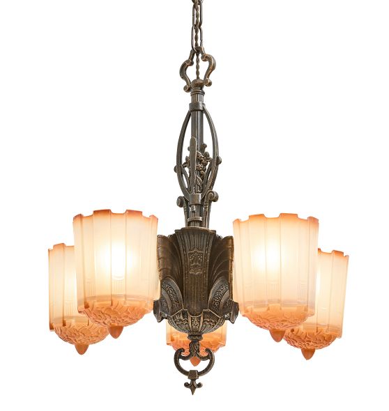 Vintage Art Deco Ornate Chandelier with Amber Frosted Shades by Rejuvenation