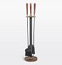 Mid-Century Brass & Walnut Round Fireplace Tool Set