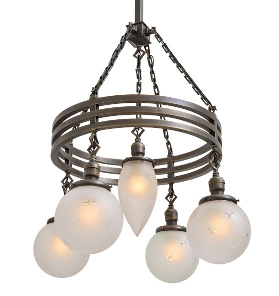 Vintage Art Deco Brass Chandelier with Wheel Cut Globe Shades by Rejuvenation