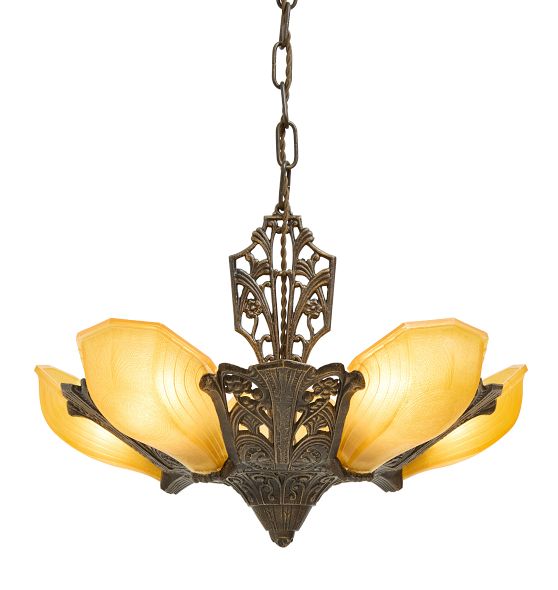 Vintage Art Deco Ornate Iron Chandelier with Slipper Shades by Rejuvenation
