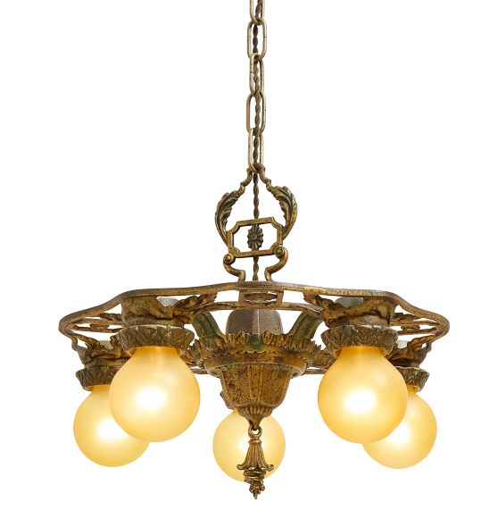 Vintage Art Deco Painted Ornate Brass Chandelier by Rejuvenation