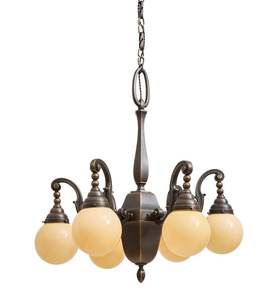 Vintage Coloinal Revival Chandelier with Opaque Globe Shades by Rejuvenation