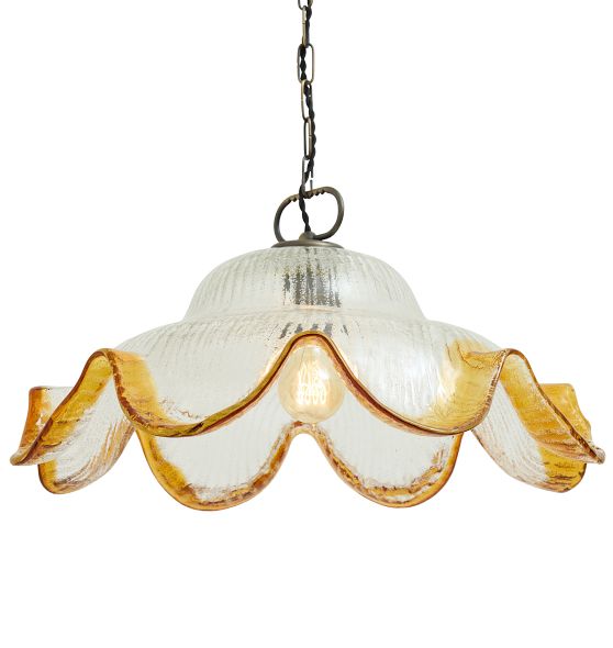 Vintage Mid Century Modern Hand Blown Italian Murano Glass Organic Scalloped Pendant with Amber Rim by Rejuvenation